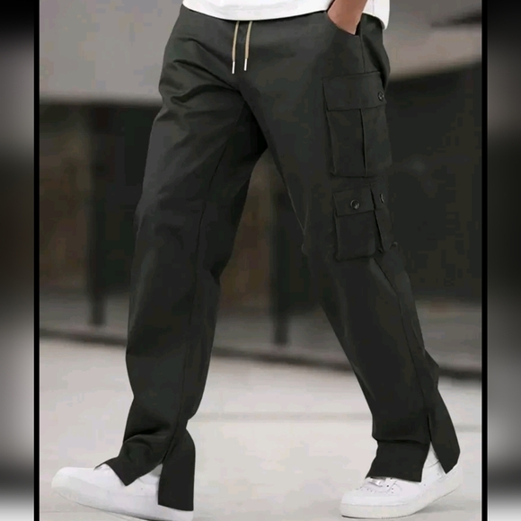 Men's Solid Color Drawstring Waist Cargo Casual Pants - Picture 1 of 8